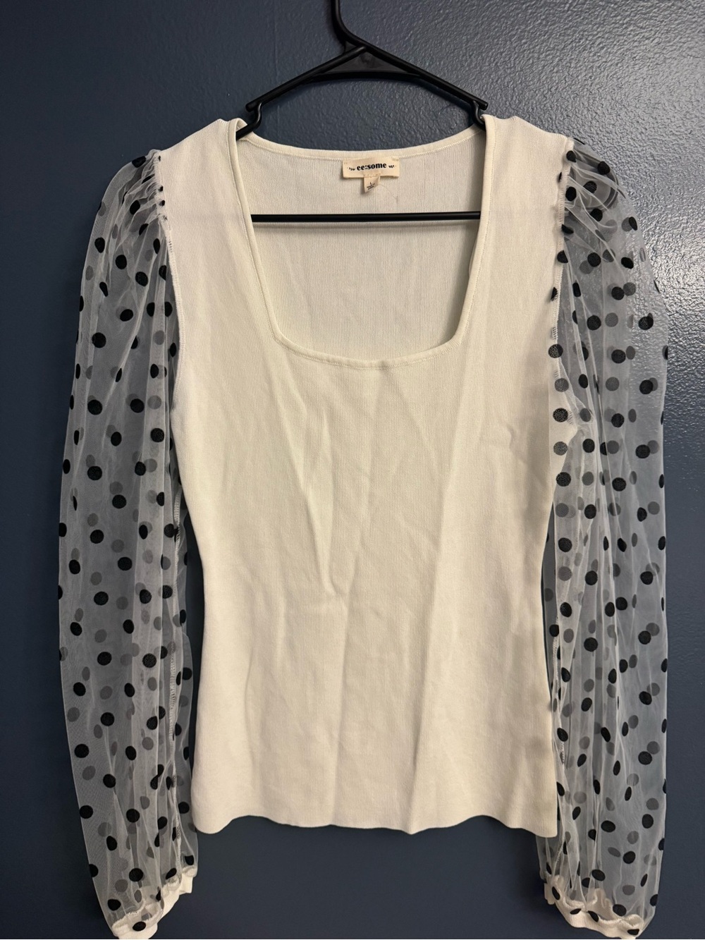 Square Neck white top with sheer polka dot sleeves